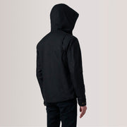 Close-Up Detail of Hooded &amp; Zipper with placket Hardware on Marlo أسود Canvas Hooded Work جاكيت جلد رجالي For Men