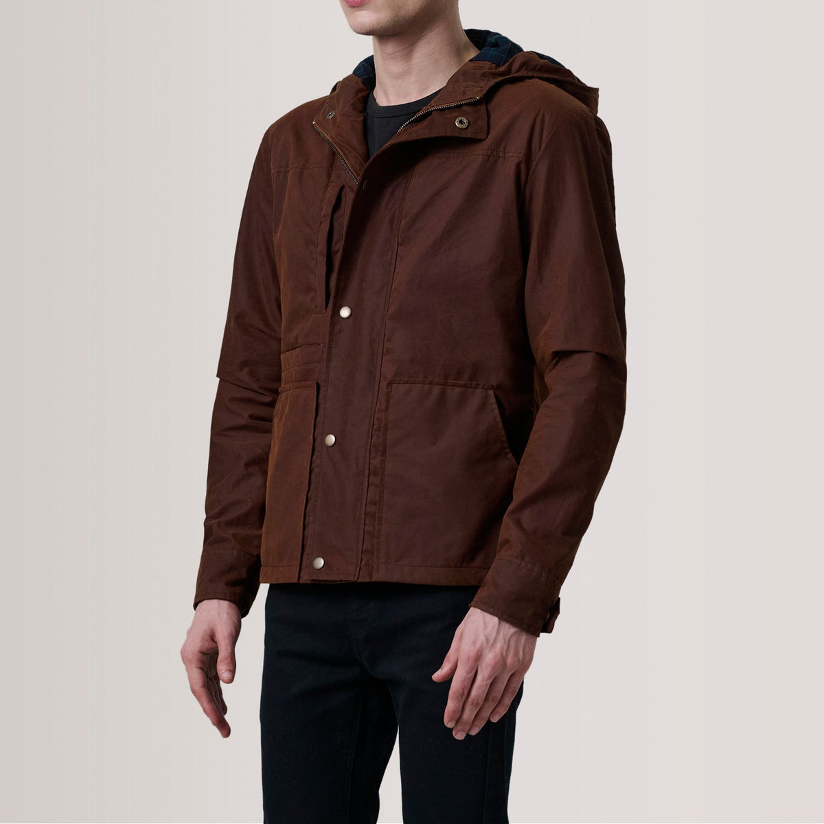 Marlo بني Canvas Hooded Work جاكيت جلد رجالي For Men - Lateral Side Profile View Showing Sleeve Cut &amp; Athletic Taper Fit