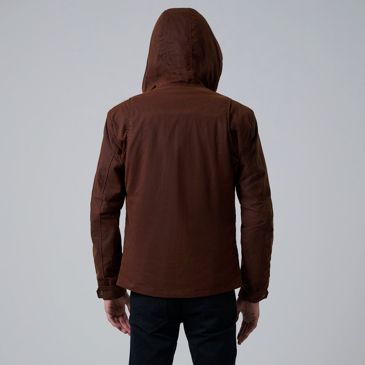 Close-Up Detail of Hooded &amp; Zipper with placket Hardware on Marlo بني Canvas Hooded Work جاكيت جلد رجالي For Men