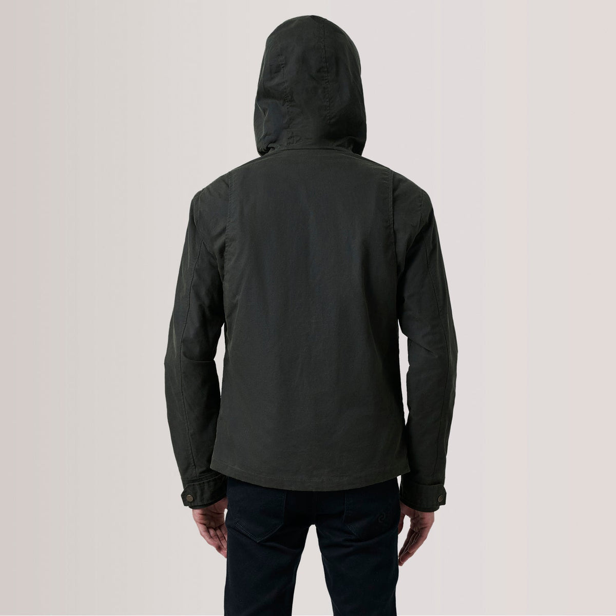 Close-Up Detail of Hooded &amp; Zipper with placket Hardware on Marlo Olive Canvas Hooded Work جاكيت جلد رجالي For Men