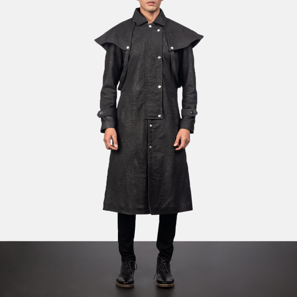 
Maverick أسود Leather Duster رجالي in Distressed Black Sheepskin Snuffed - عرض أمامي وقَصّة مفصلة أنيقة | شراء أونلاين عبر المتجر الرسمي