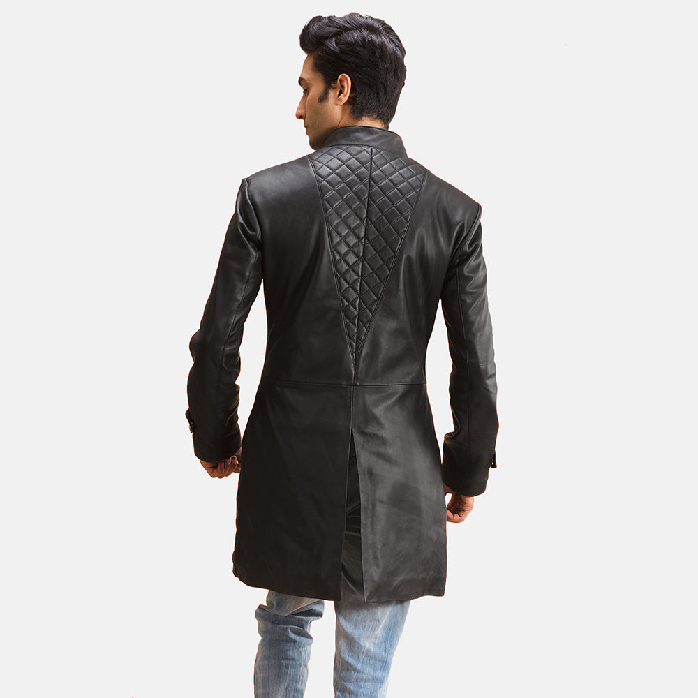 Men's Midlander مبطن أسود معطف جلد رجالي - Lateral Side Profile View Showing Sleeve Cut &amp; Athletic Taper Fit