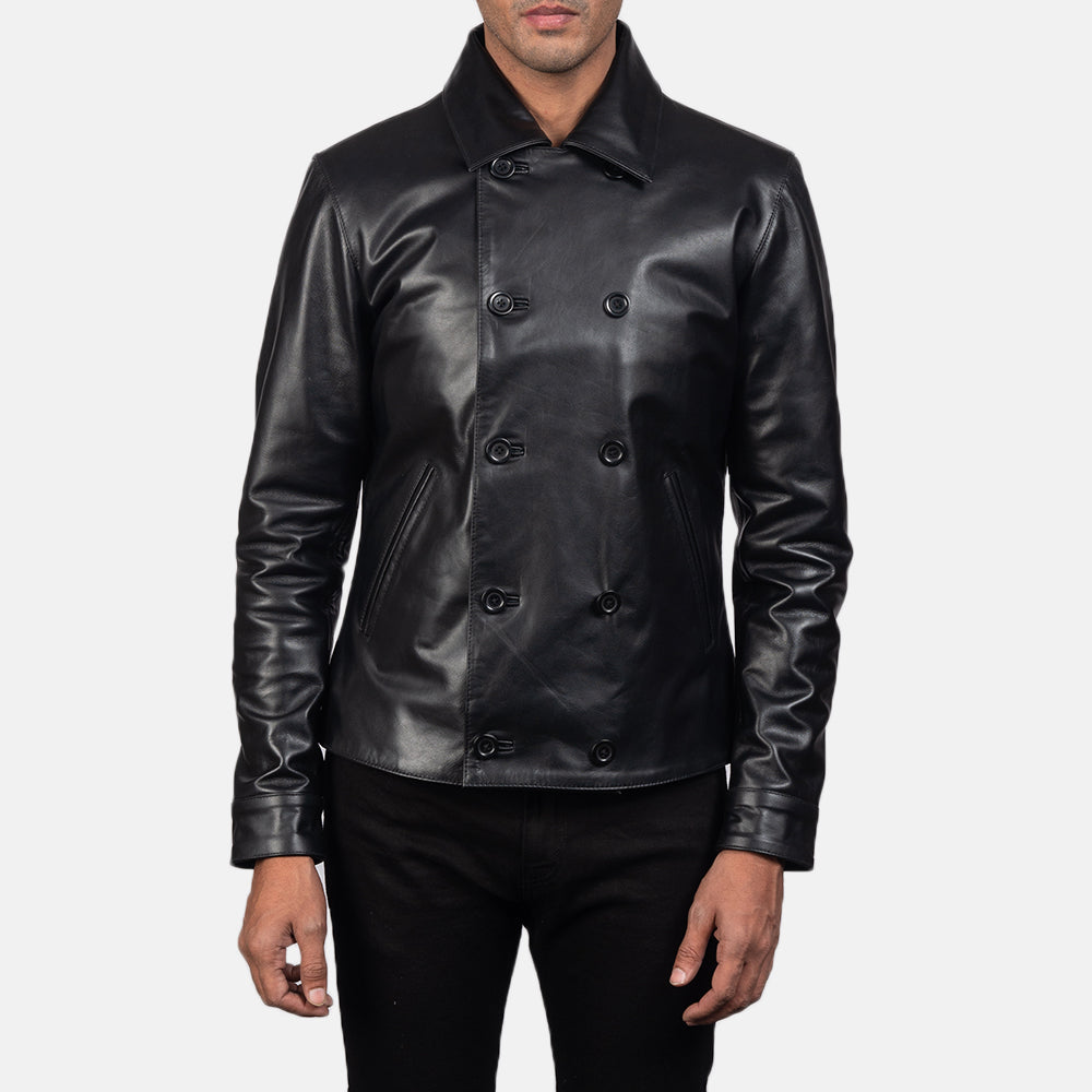 Mod أسود Leather Peacoat رجالي in Black Cowhide Leather - Front Profile View &amp; Tailored Silhouette | Buy Online