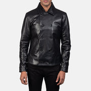 Mod أسود Leather Peacoat رجالي in Black Cowhide Leather - Front Profile View &amp; Tailored Silhouette | Buy Online
