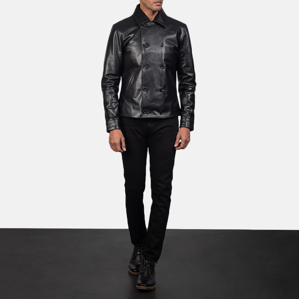 Mod أسود Leather Peacoat رجالي - Lateral Side Profile View Showing Sleeve Cut &amp; Athletic Taper Fit