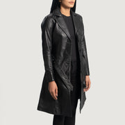 Black Sheepskin Leather Trench Coat - Back View Showing Tailored Shoulder Fit &amp; Clean Hemline