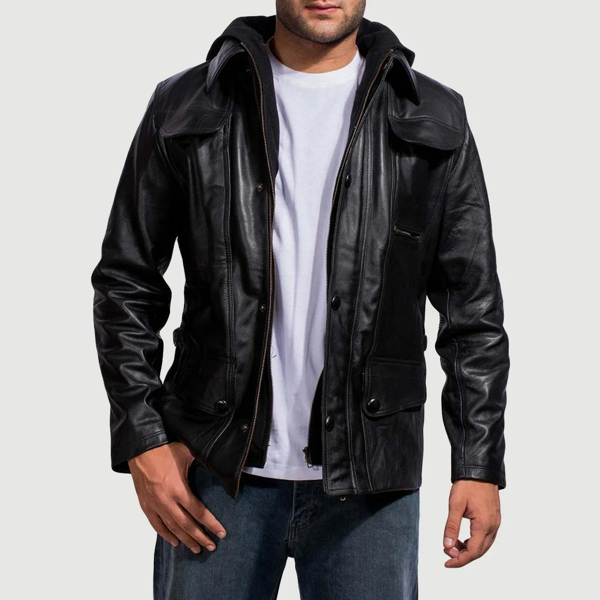 Men's Moulder Hooded أسود جاكيت جلد رجالي in Black Cowhide Leather - Front Profile View &amp; Tailored Silhouette | Buy Online