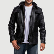 Men's Moulder Hooded أسود جاكيت جلد رجالي in Black Cowhide Leather - Front Profile View &amp; Tailored Silhouette | Buy Online
