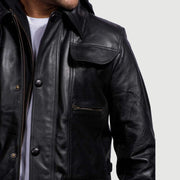 Men's Moulder Hooded أسود جاكيت جلد رجالي - Lateral Side Profile View Showing Sleeve Cut &amp; Athletic Taper Fit
