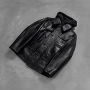 Styled Fit Perspective of Men's Moulder Hooded أسود جاكيت جلد رجالي on Model - Natural Daylight Drape