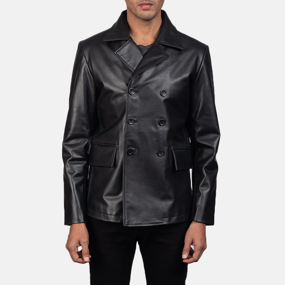 Men's Mr. Bailey أسود Leather Naval Peacoat رجالي in Black Cowhide Leather - Front Profile View &amp; Tailored Silhouette | Buy Online