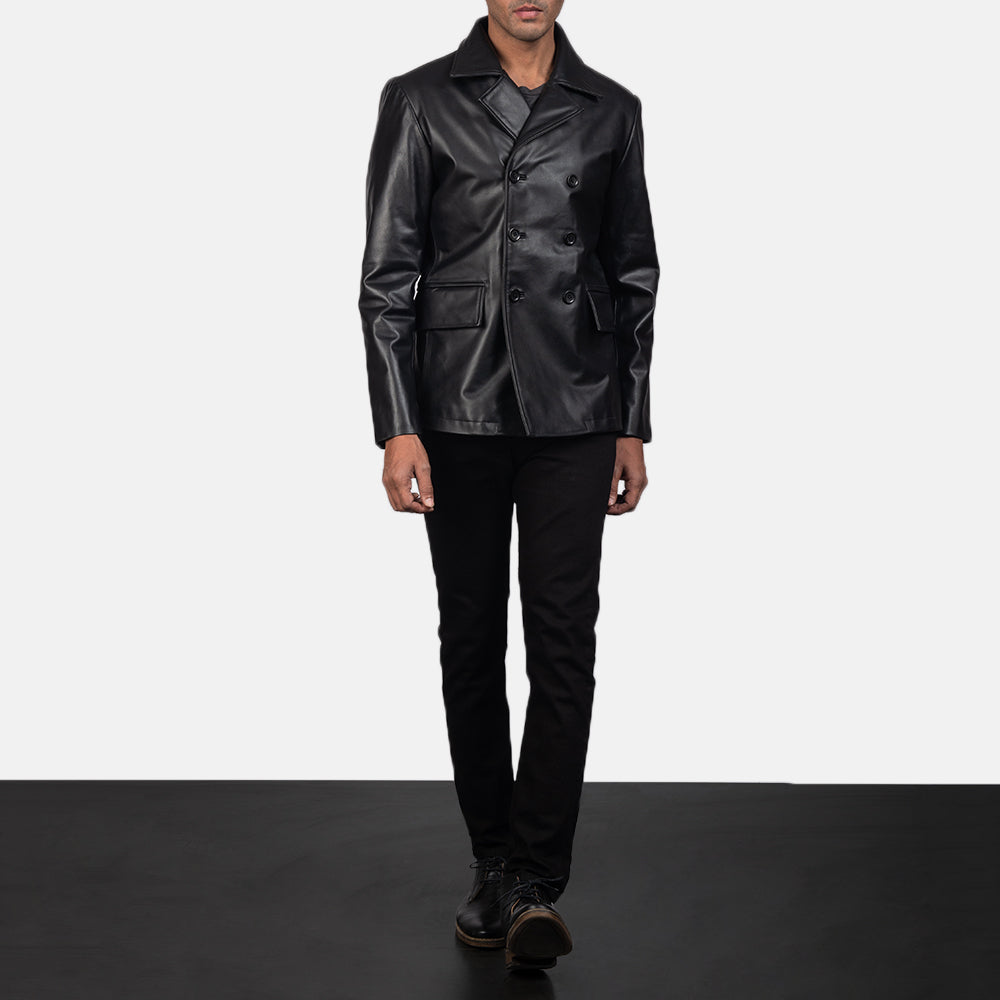 Men's Mr. Bailey أسود Leather Naval Peacoat رجالي - Lateral Side Profile View Showing Sleeve Cut &amp; Athletic Taper Fit