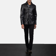 Men's Mr. Bailey أسود Leather Naval Peacoat رجالي - Lateral Side Profile View Showing Sleeve Cut &amp; Athletic Taper Fit