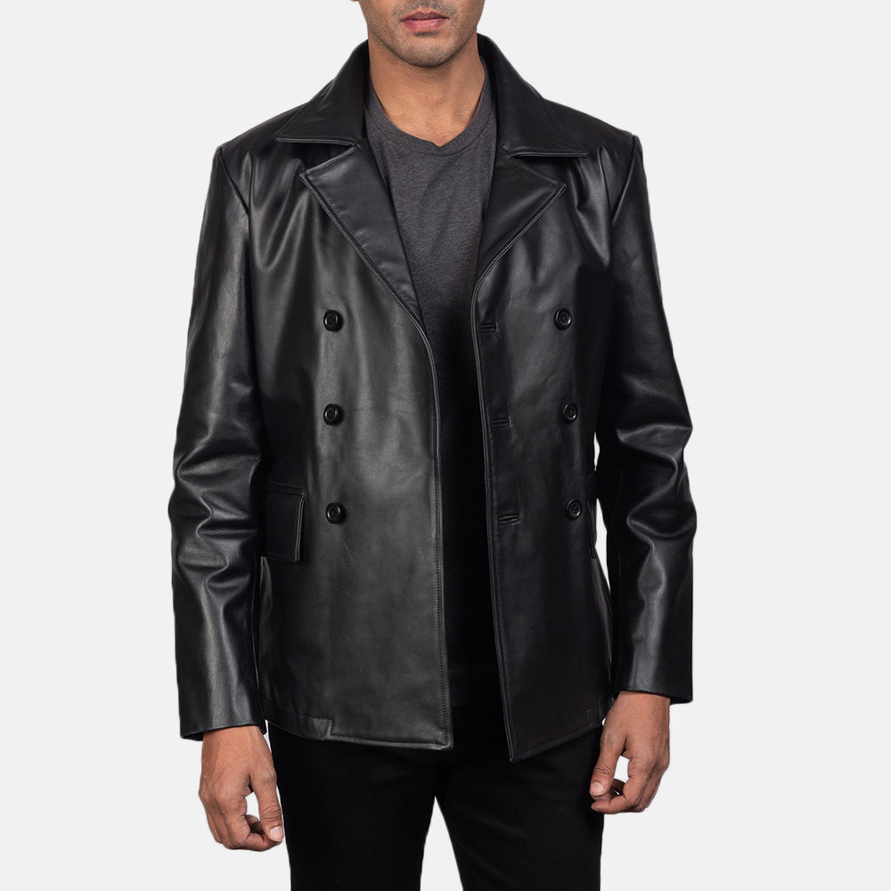 Close-Up Detail of Notch &amp; Buttons Hardware on Men's Mr. Bailey أسود Leather Naval Peacoat رجالي