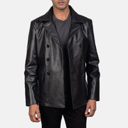 Close-Up Detail of Notch &amp; Buttons Hardware on Men's Mr. Bailey أسود Leather Naval Peacoat رجالي