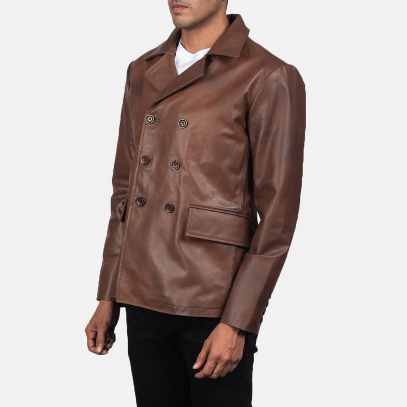 Mr. Bailey بني Leather Naval Peacoat رجالي