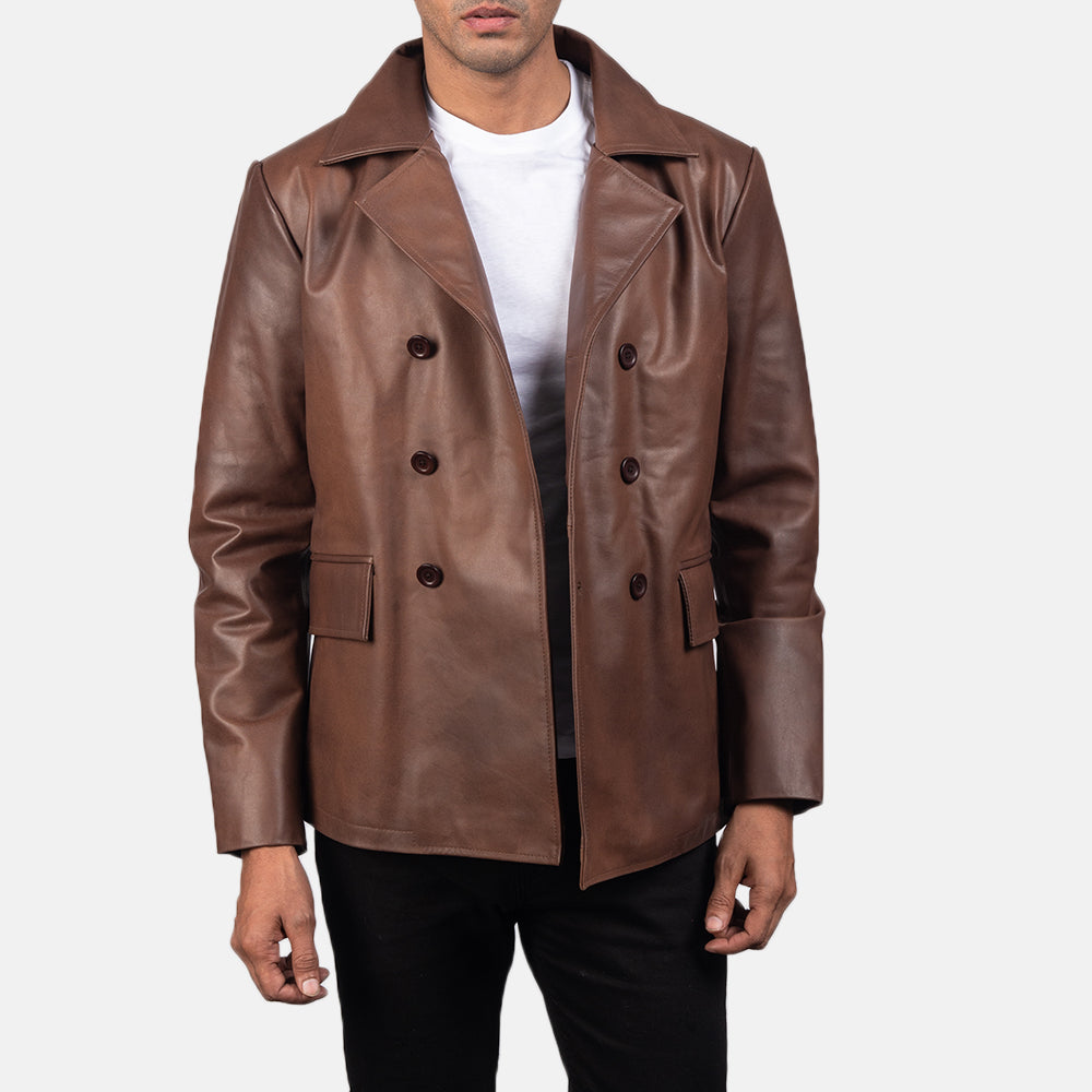 Close-Up Detail of Notch &amp; Buttons Hardware on Mr. Bailey بني Leather Naval Peacoat رجالي
