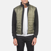 Men's Nashville مبطن أخضر Windbreaker جاكيت جلد رجالي in Green &amp; Black Nylon (Torso) &amp;Amp; Knitted Fabric (Sleeves) - Front Profile View &amp; Tailored Silhouette | Buy Online