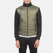 Close-Up Detail of High Neck &amp; Zipper with wind flap Hardware on Men's Nashville مبطن أخضر Windbreaker جاكيت جلد رجالي