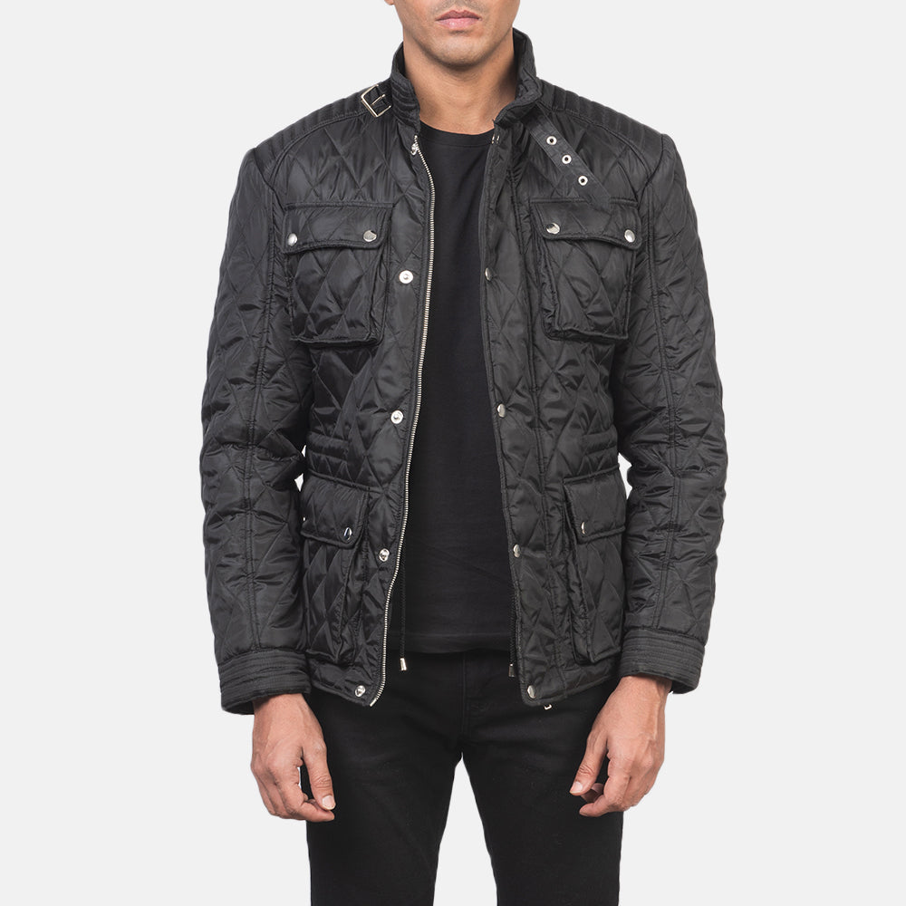 Men's Nelson مبطن أسود Windbreaker جاكيت جلد رجالي in Black Polyester - Front Profile View &amp; Tailored Silhouette | Buy Online