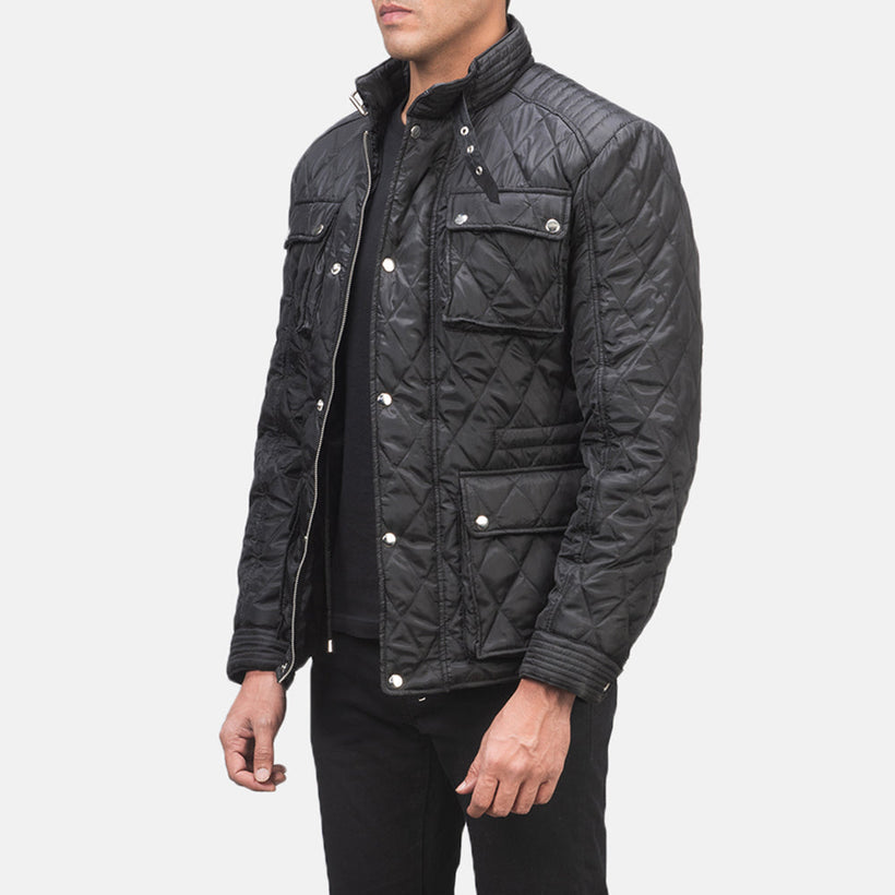 Black Polyester Winter Jacket - Back View Showing Tailored Shoulder Fit & Clean Hemline