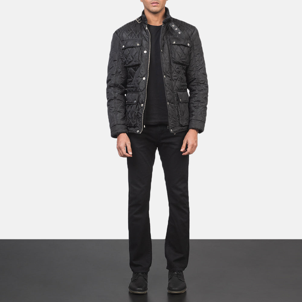 Men's Nelson مبطن أسود Windbreaker جاكيت جلد رجالي - Lateral Side Profile View Showing Sleeve Cut &amp; Athletic Taper Fit