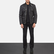 Men's Nelson مبطن أسود Windbreaker جاكيت جلد رجالي - Lateral Side Profile View Showing Sleeve Cut &amp; Athletic Taper Fit