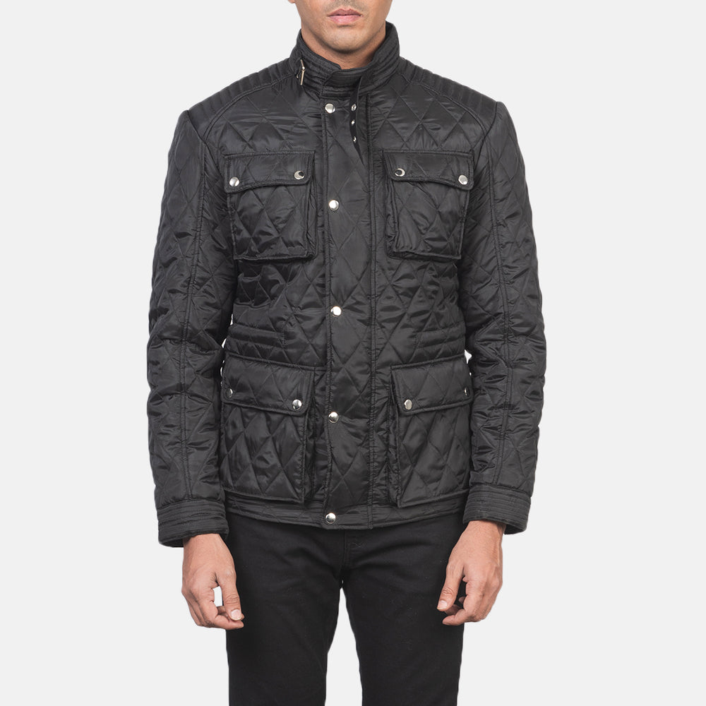 Close-Up Detail of Belted Band & Zipper with Front Button Flap Hardware on Men's Nelson Quilted Black Windbreaker Jacket