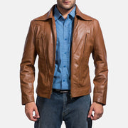 Old School بني جاكيت جلد رجالي in Brown Sheepskin Leather - Front Profile View &amp; Tailored Silhouette | Buy Online