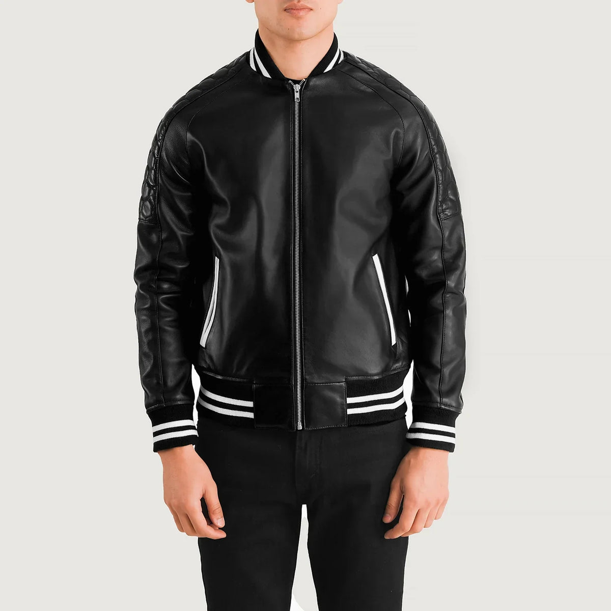 Pascal أسود Leather Varsity جاكيت جلد رجالي in Black Sheepskin Leather - Front Profile View &amp; Tailored Silhouette | Buy Online