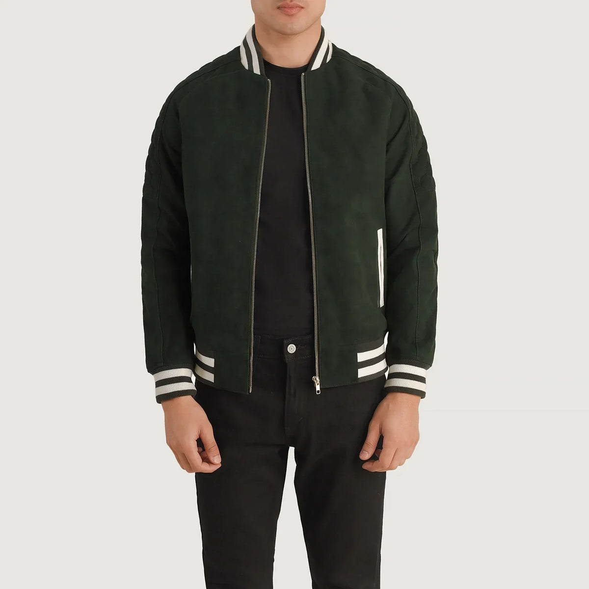 Pascal أخضر Suede Varsity جاكيت جلد رجالي in Green Goatskin Suede - Front Profile View &amp; Tailored Silhouette | Buy Online
