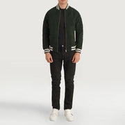 Pascal أخضر Suede Varsity جاكيت جلد رجالي - Lateral Side Profile View Showing Sleeve Cut &amp; Athletic Taper Fit