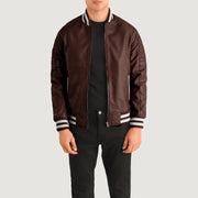 Pascal عنابي Leather Varsity جاكيت جلد رجالي in Maroon Sheepskin Leather - Front Profile View &amp; Tailored Silhouette | Buy Online