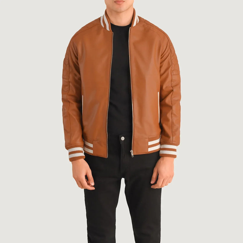 Pascal بيج بني Leather Varsity جاكيت جلد رجالي