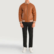 Pascal بيج بني Leather Varsity جاكيت جلد رجالي - Lateral Side Profile View Showing Sleeve Cut &amp; Athletic Taper Fit