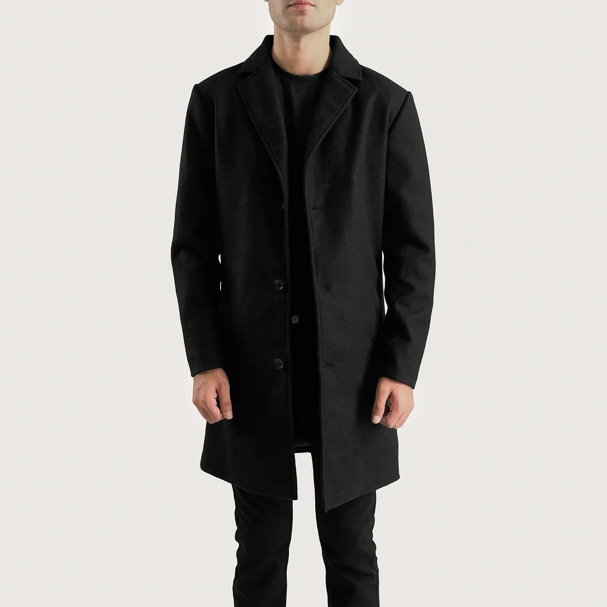 
Petrillo أسود Wool Single Breasted معطف جلد فاخر رجالي in Black Synthetic Wool - عرض أمامي وقَصّة مفصلة أنيقة | شراء أونلاين عبر المتجر الرسمي