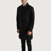 
Black Synthetic Wool Trench Coat - عرض خلفي يوضح تفصيل الأكتاف المتقن والحاشية النظيفة
