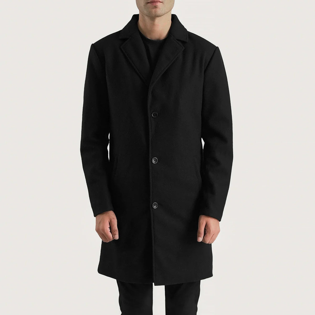 
تفاصيل مقربة of Notch & Button Hardware on Petrillo أسود Wool Single Breasted معطف جلد فاخر رجالي