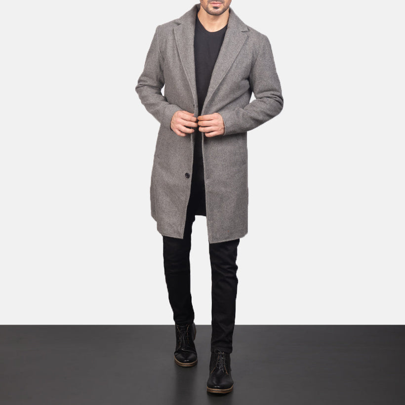Petrillo Grey Wool Single Breasted معطف جلد فاخر رجالي