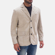 
Off White (Greyish) Goatskin Suede Leather Blazer - عرض خلفي يوضح تفصيل الأكتاف المتقن والحاشية النظيفة