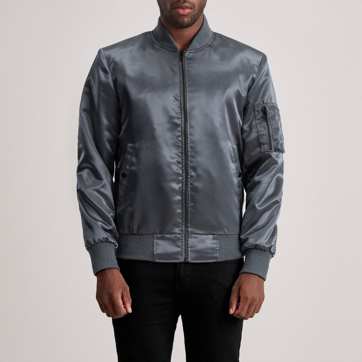 Quinton MA-1 Grey جاكيت بومبر جلد رجالي in Grey Satin - Front Profile View &amp; Tailored Silhouette | Buy Online