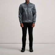 Close-Up Detail of Varsity &amp; Zipper Hardware on Quinton MA-1 Grey جاكيت بومبر جلد رجالي