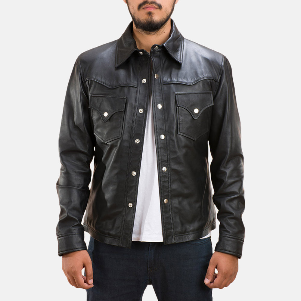 
Ranchson أسود Leather Shirt رجالي in Black Sheepskin Leather - عرض أمامي وقَصّة مفصلة أنيقة | شراء أونلاين عبر المتجر الرسمي