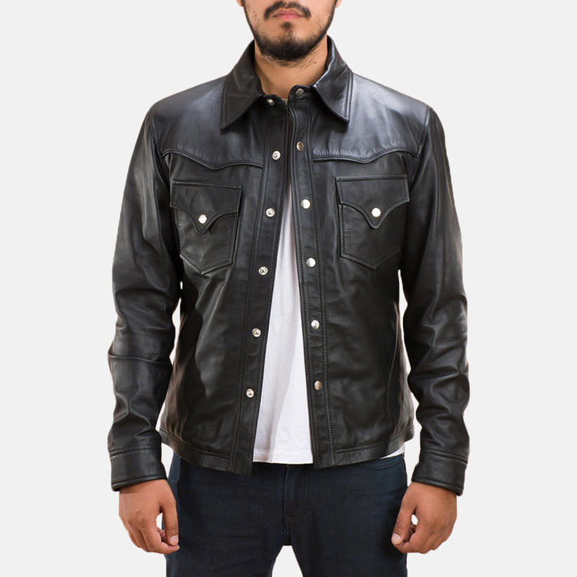 Ranchson أسود Leather Shirt رجالي