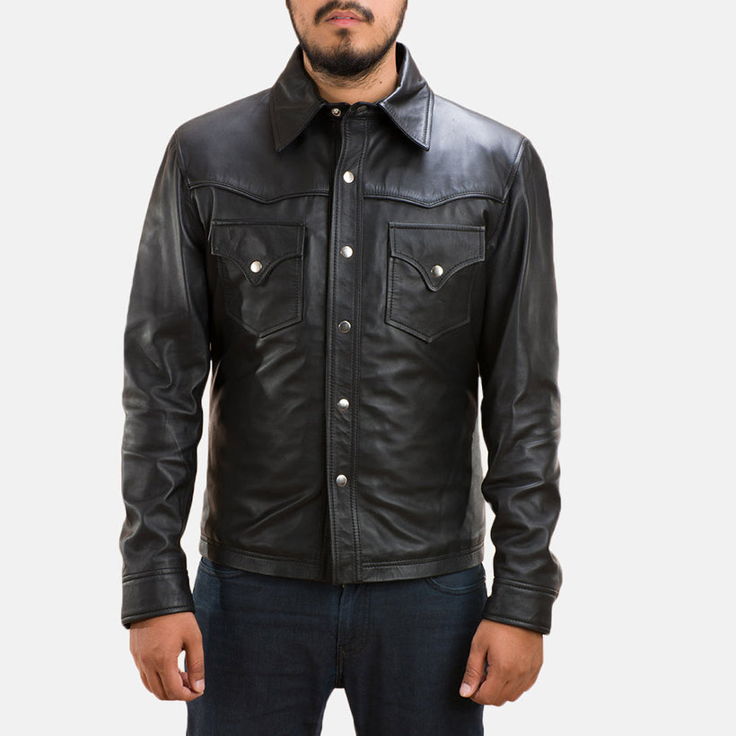 Ranchson أسود Leather Shirt رجالي