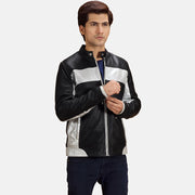 Randolf Silver أسود جاكيت بايكر جلد رجالي in Black &amp; silver Sheepskin Leather - Front Profile View &amp; Tailored Silhouette | Buy Online
