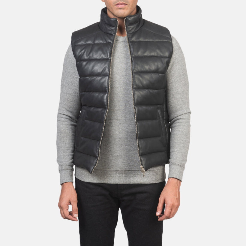 Reeves أسود Leather فيست صدرية مبطن رجالي
