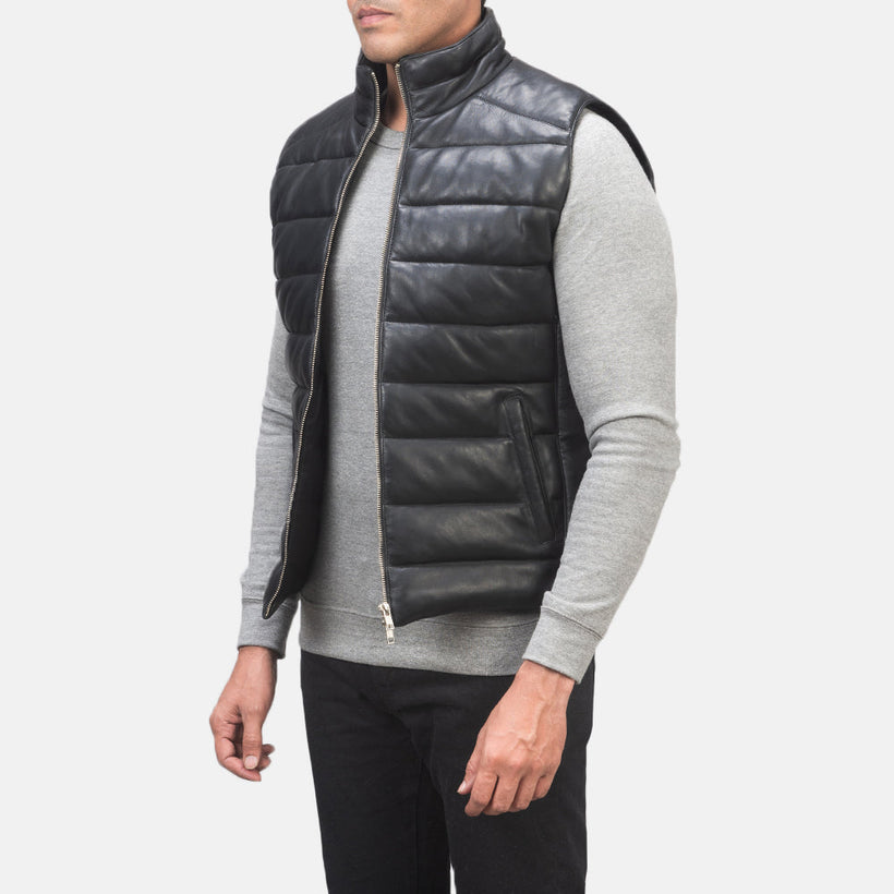 Reeves أسود Leather فيست صدرية مبطن رجالي