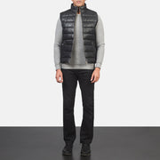Men's Reeves أسود Leather Puffer Vest رجالي - Lateral Side Profile View Showing Sleeve Cut &amp; Athletic Taper Fit