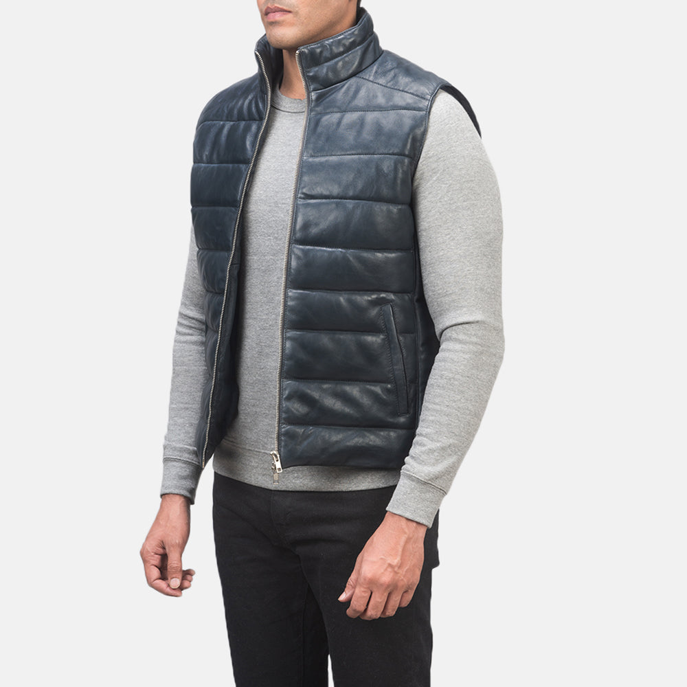 
Blue Sheepskin leather Vest - عرض خلفي يوضح تفصيل الأكتاف المتقن والحاشية النظيفة